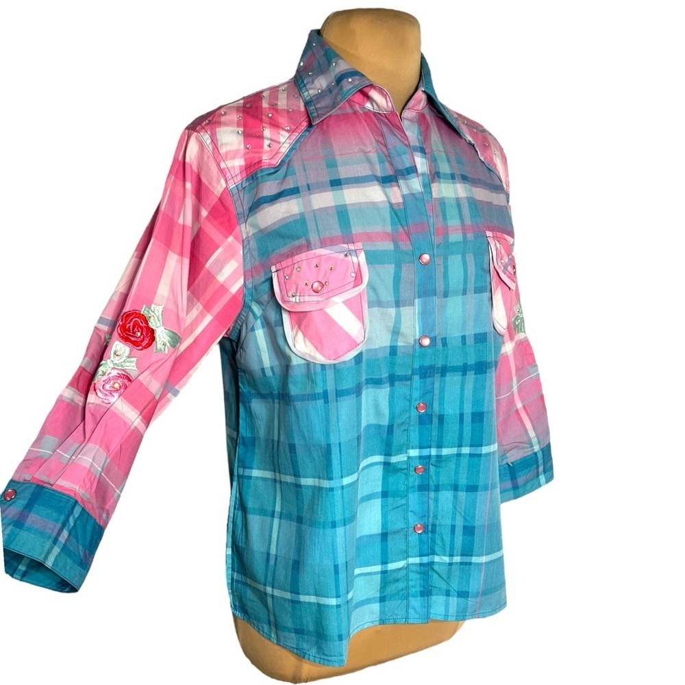 Fat Rat Family Pink Blue Plaid Rhinestone Angel Graphic Snap Button Shirt M/L - Picture 5 of 12